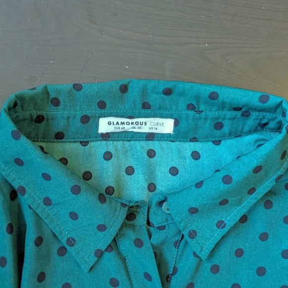 Glamorous Curve Long Sleeve Smock Dress, Green &  Black Polka Dots, Size 16 - Picture 4 of 4